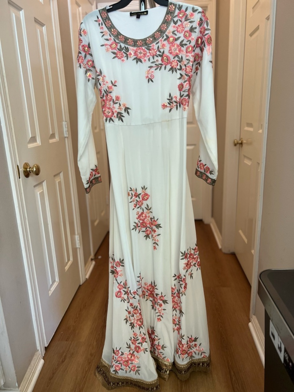 Women's Ivory Floral Maxi Dress with Pink Rose Embroidery